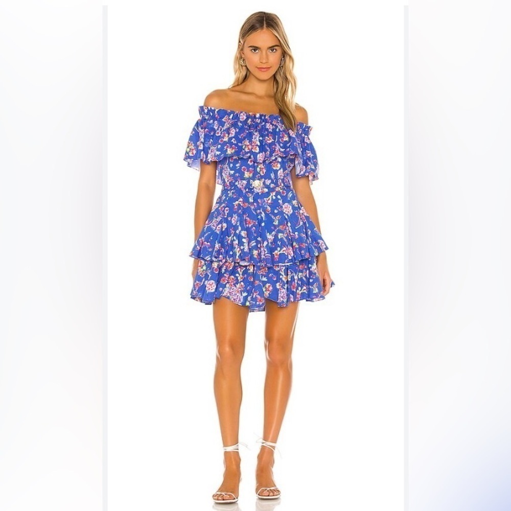 Caroline Constas Revolve Serena blue floral off the shoulder ruffle dress. Med